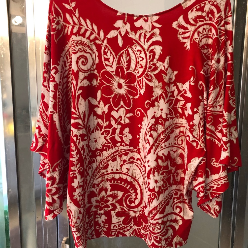 Chico’s Red Paisley Print Kimono Sleeve Cutout Top Sz Small